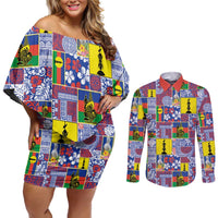 New Caledonia Joyeux Noel Couples Matching Off Shoulder Short Dress and Long Sleeve Button Shirt Pacific Patchwork Xmas Vibes - Polynesian Pride