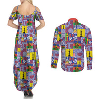 New Caledonia Joyeux Noel Couples Matching Summer Maxi Dress and Long Sleeve Button Shirt Pacific Patchwork Xmas Vibes - Polynesian Pride