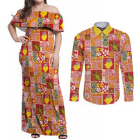 Niue Monuina e Kilisimasi Couples Matching Off Shoulder Maxi Dress and Long Sleeve Button Shirt Pacific Patchwork Xmas Vibes - Polynesian Pride