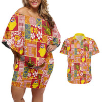 Niue Monuina e Kilisimasi Couples Matching Off Shoulder Short Dress and Hawaiian Shirt Pacific Patchwork Xmas Vibes - Polynesian Pride