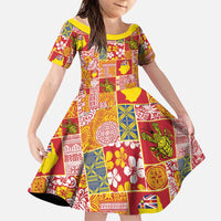Niue Monuina e Kilisimasi Family Matching Long Sleeve Bodycon Dress and Hawaiian Shirt Pacific Patchwork Xmas Vibes LT9 Daughter's Dress Yellow - Polynesian Pride