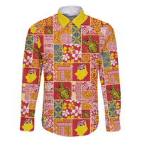 Niue Monuina e Kilisimasi Family Matching Off The Shoulder Long Sleeve Dress and Hawaiian Shirt Pacific Patchwork Xmas Vibes LT9 Dad's Shirt - Long Sleeve Yellow - Polynesian Pride