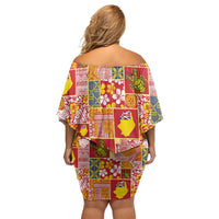Niue Monuina e Kilisimasi Off Shoulder Short Dress Pacific Patchwork Xmas Vibes - Polynesian Pride