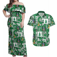 Norfolk Island Meri Krismas Couples Matching Off Shoulder Maxi Dress and Hawaiian Shirt Pacific Patchwork Xmas Vibes - Polynesian Pride