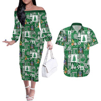 Norfolk Island Meri Krismas Couples Matching Off The Shoulder Long Sleeve Dress and Hawaiian Shirt Pacific Patchwork Xmas Vibes - Polynesian Pride