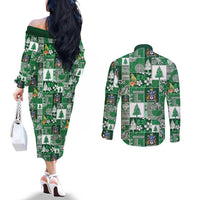Norfolk Island Meri Krismas Couples Matching Off The Shoulder Long Sleeve Dress and Long Sleeve Button Shirt Pacific Patchwork Xmas Vibes - Polynesian Pride