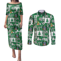 Norfolk Island Meri Krismas Couples Matching Puletasi and Long Sleeve Button Shirt Pacific Patchwork Xmas Vibes LT9 Green - Polynesian Pride