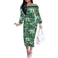 Norfolk Island Meri Krismas Family Matching Off The Shoulder Long Sleeve Dress and Hawaiian Shirt Pacific Patchwork Xmas Vibes LT9 Mom's Dress Green - Polynesian Pride