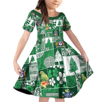 Norfolk Island Meri Krismas Family Matching Off Shoulder Short Dress and Hawaiian Shirt Pacific Patchwork Xmas Vibes LT9 Daughter's Dress Green - Polynesian Pride