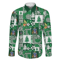Norfolk Island Meri Krismas Family Matching Tank Maxi Dress and Hawaiian Shirt Pacific Patchwork Xmas Vibes LT9 Dad's Shirt - Long Sleeve Green - Polynesian Pride