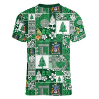 Norfolk Island Meri Krismas Women V-Neck T-Shirt Pacific Patchwork Xmas Vibes - Polynesian Pride