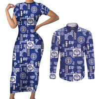 Northern Mariana Islands Magof Nochebuena Couples Matching Short Sleeve Bodycon Dress and Long Sleeve Button Shirt Pacific Patchwork Xmas Vibes LT9 Blue - Polynesian Pride