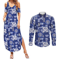 Northern Mariana Islands Magof Nochebuena Couples Matching Summer Maxi Dress and Long Sleeve Button Shirt Pacific Patchwork Xmas Vibes LT9 Blue - Polynesian Pride