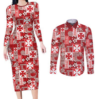 Wallis Et Futuna Kilisimasi Fiefia Couples Matching Long Sleeve Bodycon Dress and Long Sleeve Button Shirt Pacific Patchwork Xmas Vibes LT9 Red - Polynesian Pride
