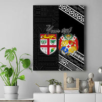 Fiji Tonga Coat of Arm Personalised Canvas Wall Art With Masi Tapa and Tongan Ngatu Together LT9 Black - Polynesian Pride