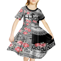 Fiji Tonga Coat of Arm Personalised Kid Short Sleeve Dress With Masi Tapa and Tongan Ngatu Together LT9 - Polynesian Pride