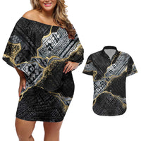 Polynesian Tribal Tattoo Couples Matching Off Shoulder Short Dress and Hawaiian Shirt Dark Marble Pattern