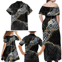 Polynesian Tribal Tattoo Family Matching Off Shoulder Maxi Dress and Hawaiian Shirt Dark Marble Pattern