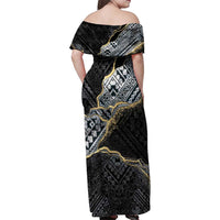 Polynesian Tribal Tattoo Family Matching Off Shoulder Maxi Dress and Hawaiian Shirt Dark Marble Pattern