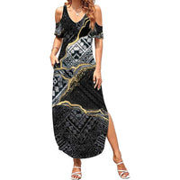 Polynesian Tribal Tattoo Family Matching Summer Maxi Dress and Hawaiian Shirt Dark Marble Pattern