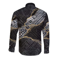 Polynesian Tribal Tattoo Long Sleeve Button Shirt Dark Marble Pattern