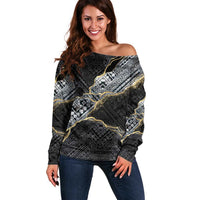Polynesian Tribal Tattoo Off Shoulder Sweater Dark Marble Pattern