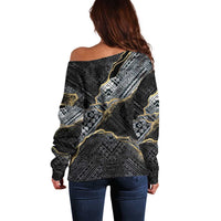 Polynesian Tribal Tattoo Off Shoulder Sweater Dark Marble Pattern