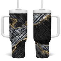 Polynesian Tribal Tattoo Tumbler With Handle Dark Marble Pattern