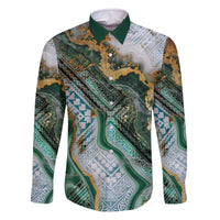 Polynesian Tribal Tattoo Family Matching Off The Shoulder Long Sleeve Dress and Hawaiian Shirt Green Marble Pattern
