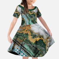 Polynesian Tribal Tattoo Family Matching Off Shoulder Maxi Dress and Hawaiian Shirt Green Marble Pattern