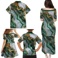 Polynesian Tribal Tattoo Family Matching Puletasi and Hawaiian Shirt Green Marble Pattern