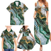 Polynesian Tribal Tattoo Family Matching Summer Maxi Dress and Hawaiian Shirt Green Marble Pattern