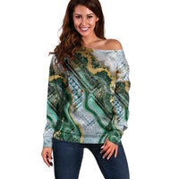Polynesian Tribal Tattoo Off Shoulder Sweater Green Marble Pattern