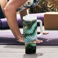 Polynesian Tribal Tattoo Tumbler With Handle Green Marble Pattern