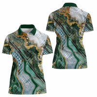 Polynesian Tribal Tattoo Women Polo Shirt Green Marble Pattern