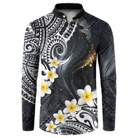 Polynesian Tribal Tattoo Button Sweatshirt Plumeria Black Gold Marble Pattern