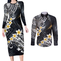 Polynesian Tribal Tattoo Couples Matching Long Sleeve Bodycon Dress and Long Sleeve Button Shirt Plumeria Black Gold Marble Pattern