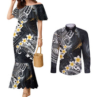 Polynesian Tribal Tattoo Couples Matching Mermaid Dress and Long Sleeve Button Shirt Plumeria Black Gold Marble Pattern