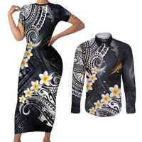 Polynesian Tribal Tattoo Couples Matching Short Sleeve Bodycon Dress and Long Sleeve Button Shirt Plumeria Black Gold Marble Pattern
