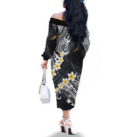 Polynesian Tribal Tattoo Family Matching Off The Shoulder Long Sleeve Dress and Hawaiian Shirt Plumeria Black Gold Marble Pattern