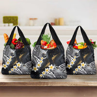 Polynesian Tribal Tattoo Grocery Bag Plumeria Black Gold Marble Pattern