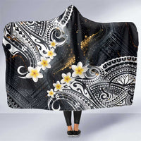 Polynesian Tribal Tattoo Hooded Blanket Plumeria Black Gold Marble Pattern