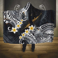 Polynesian Tribal Tattoo Hooded Blanket Plumeria Black Gold Marble Pattern