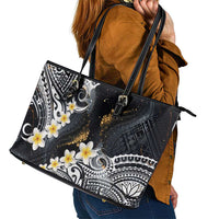 Polynesian Tribal Tattoo Leather Tote Bag Plumeria Black Gold Marble Pattern