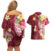 Polynesian Tribal Tattoo Couples Matching Off Shoulder Short Dress and Hawaiian Shirt Plumeria Blood Red and Gold Marble Pattern LT9 - Polynesian Pride