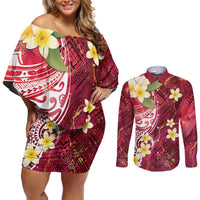 Polynesian Tribal Tattoo Couples Matching Off Shoulder Short Dress and Long Sleeve Button Shirt Plumeria Blood Red and Gold Marble Pattern