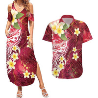 Polynesian Tribal Tattoo Couples Matching Summer Maxi Dress and Hawaiian Shirt Plumeria Blood Red and Gold Marble Pattern LT9 Red - Polynesian Pride