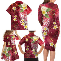 Polynesian Tribal Tattoo Family Matching Long Sleeve Bodycon Dress and Hawaiian Shirt Plumeria Blood Red and Gold Marble Pattern