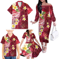 Polynesian Tribal Tattoo Family Matching Off The Shoulder Long Sleeve Dress and Hawaiian Shirt Plumeria Blood Red and Gold Marble Pattern
