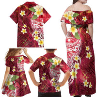 Polynesian Tribal Tattoo Family Matching Off Shoulder Maxi Dress and Hawaiian Shirt Plumeria Blood Red and Gold Marble Pattern